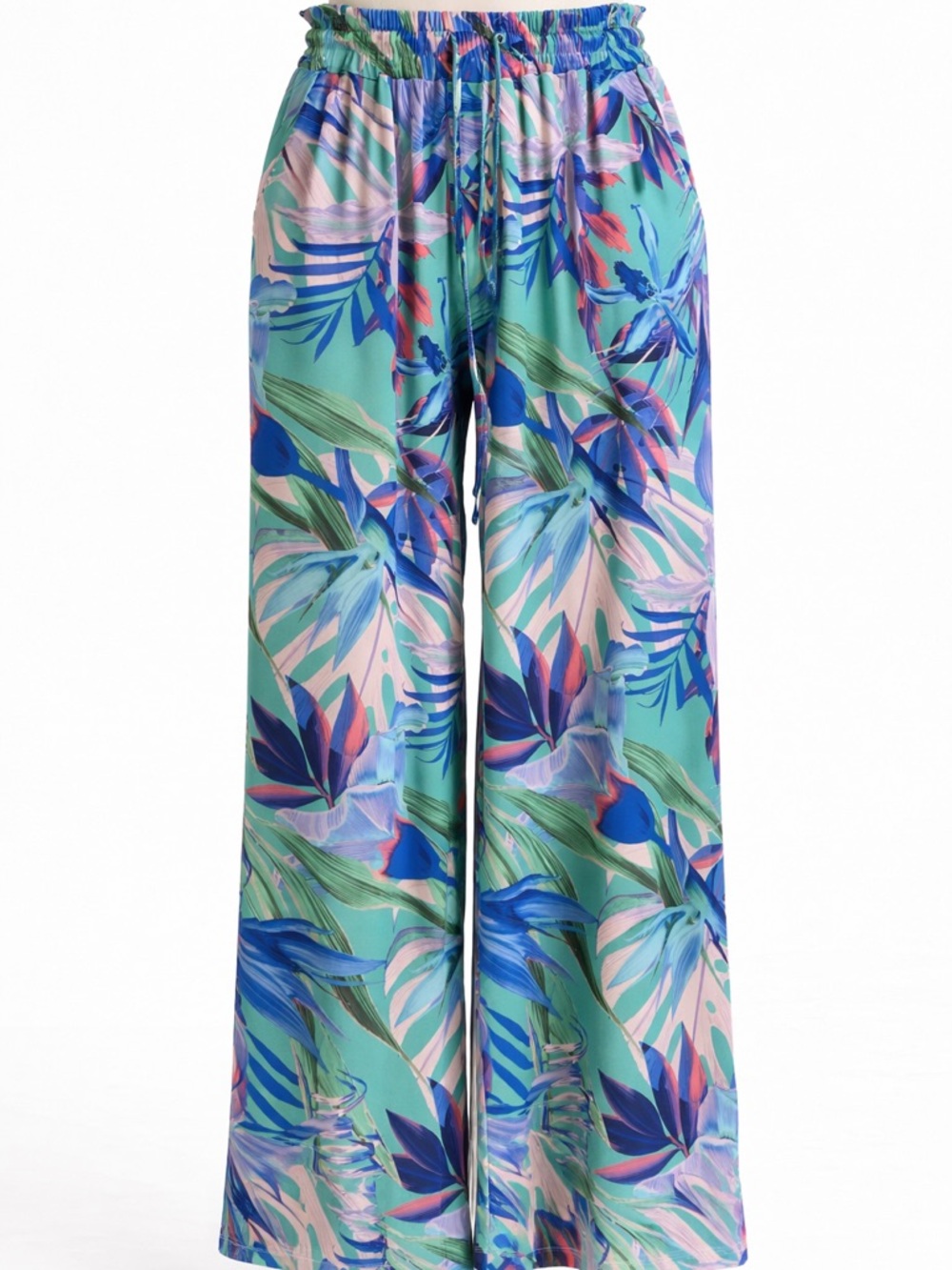 Wide Leg Tropical Print Pants in Aqua